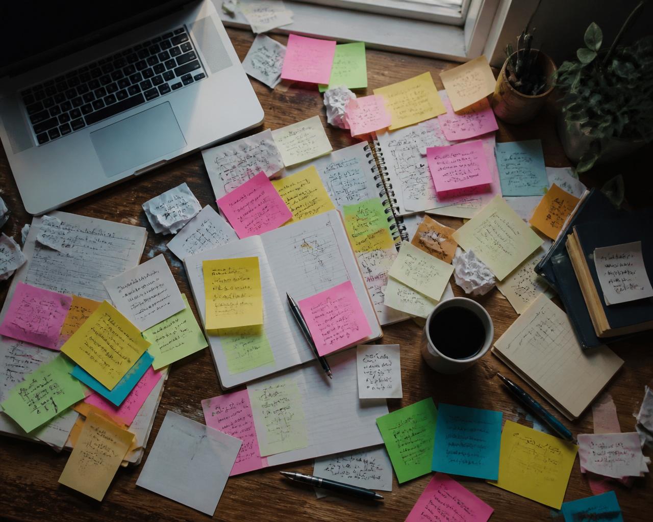 A cluttered desk covered in scattered sticky notes and loose content ideas with no visible structure