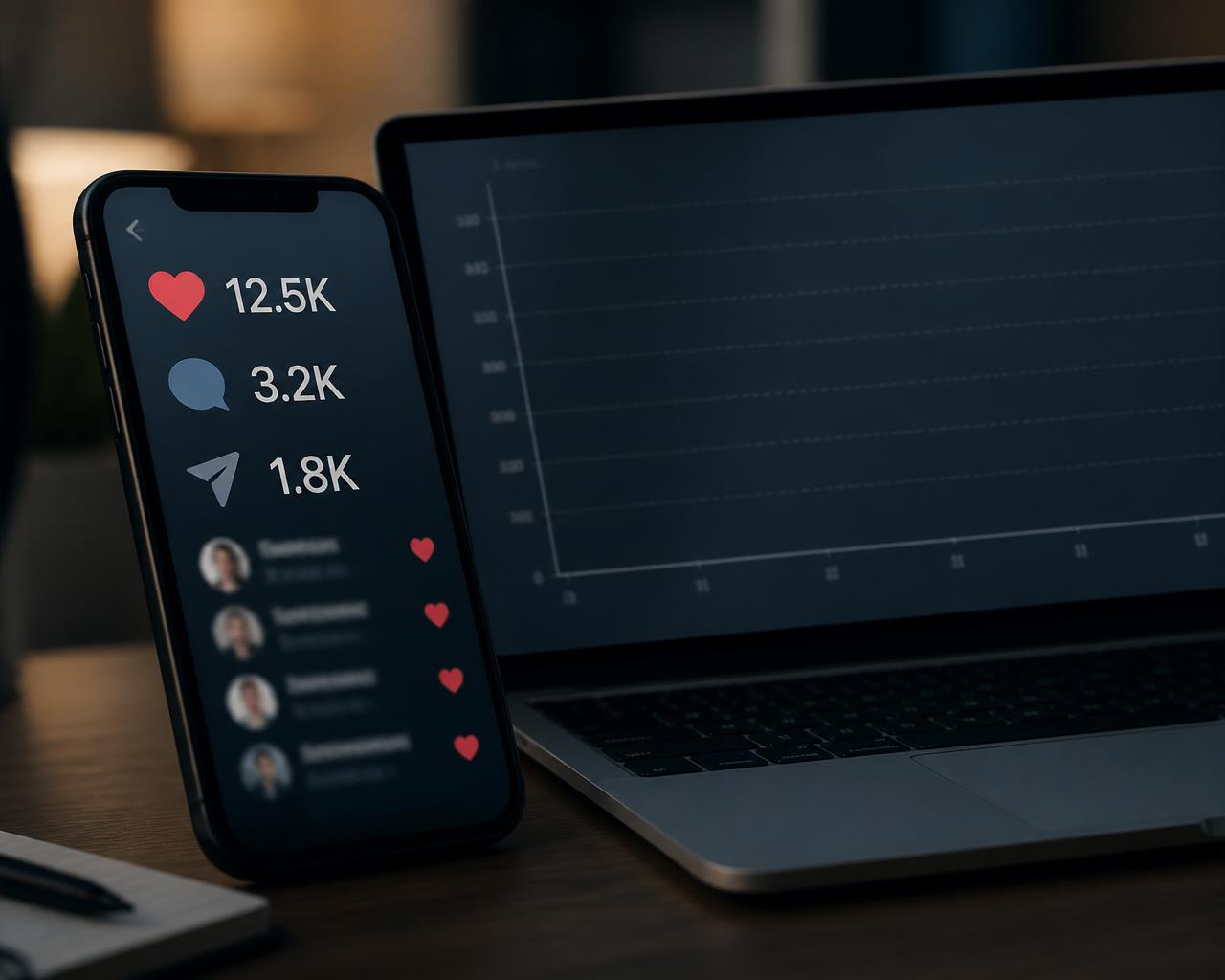 A phone showing social vanity metrics next to a laptop displaying a blank revenue chart