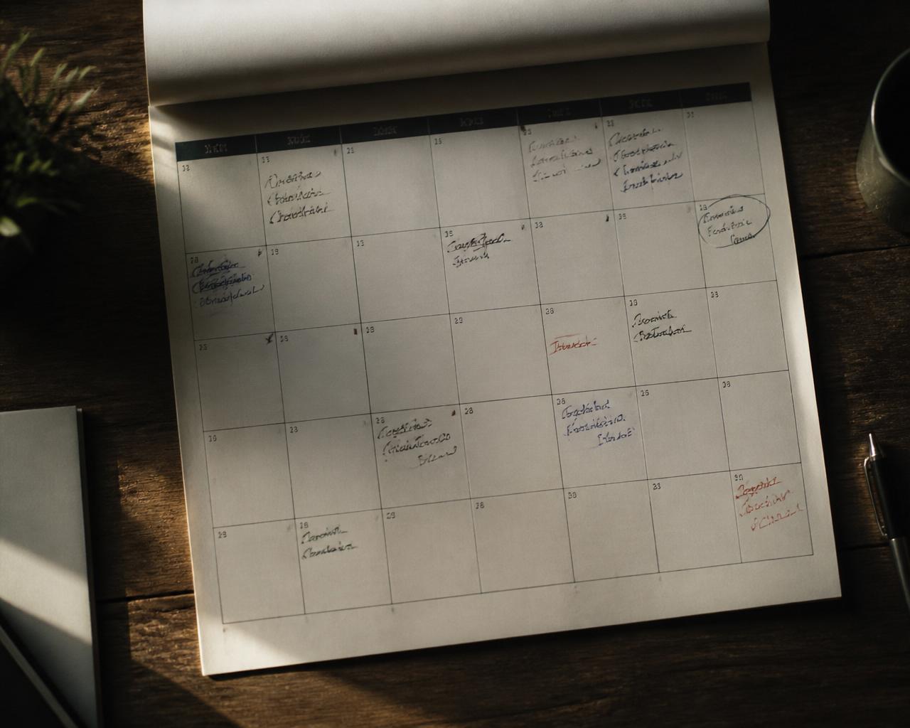 A paper calendar with gaps between days and last-minute scribbles crammed into random dates